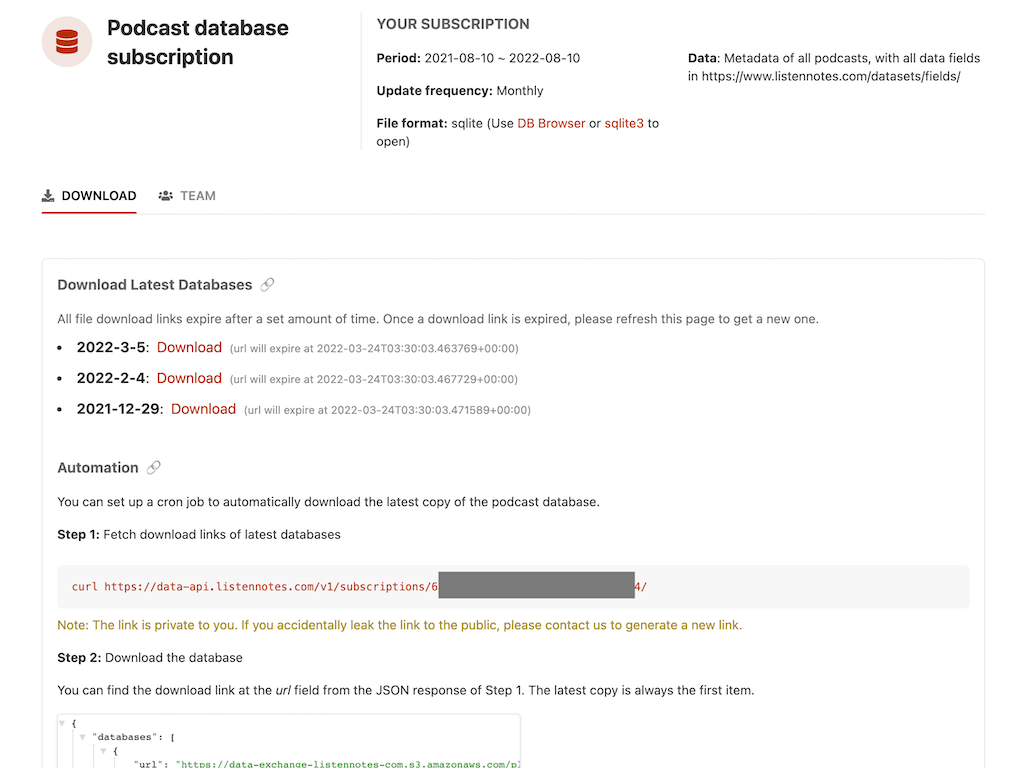 Listen Notes podcast database dashboard