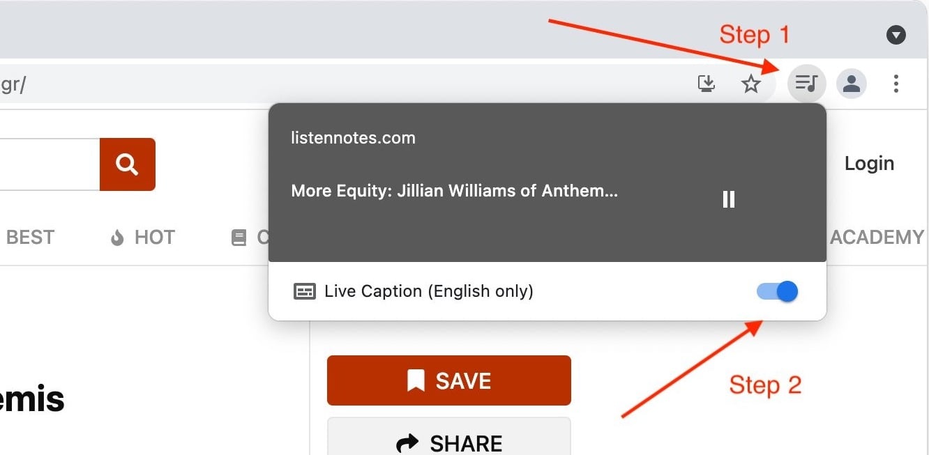 How to see live caption of any podcasts in English?